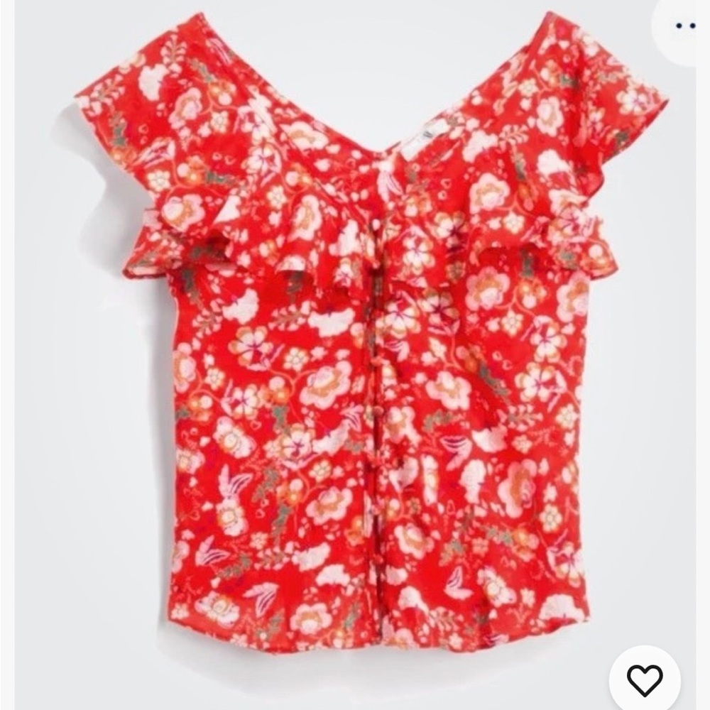 Q&A Red and White Floral Cotton Blouse with Flutter Sleeves Size XXL Lightweight